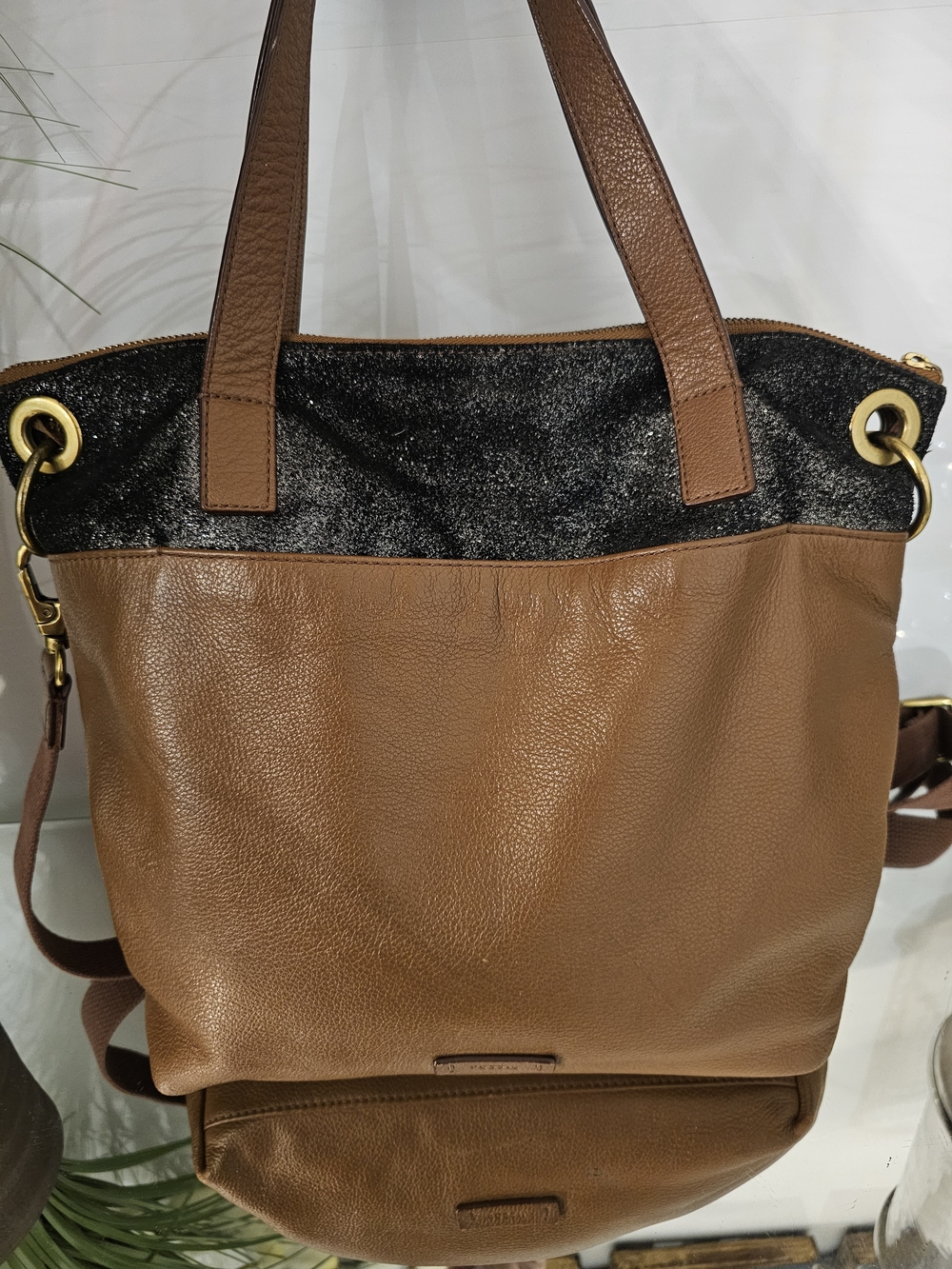 Fossil Brown Tote with Black Top Accent